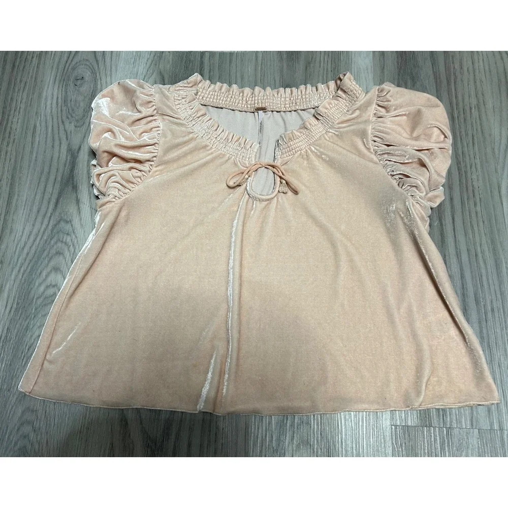 Free People Womens Velvet Smocked Puff Sleeve Top Polyester S pink peachy